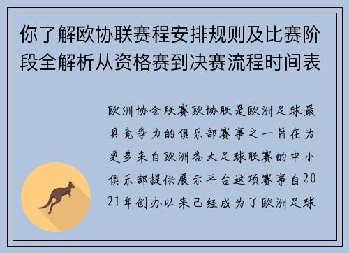 你了解欧协联赛程安排规则及比赛阶段全解析从资格赛到决赛流程时间表详解 你了解欧协联赛程安排规则及比赛阶段全解析从资格赛到决赛流程时间表详解